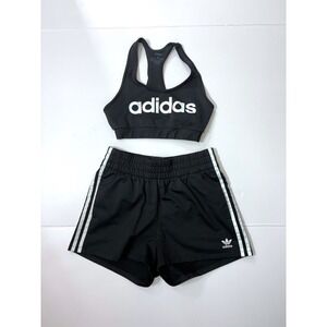Adidas Bundle Womens 2 Piece Set Black White Sports Bra & 3 Stripe Shorts Size S